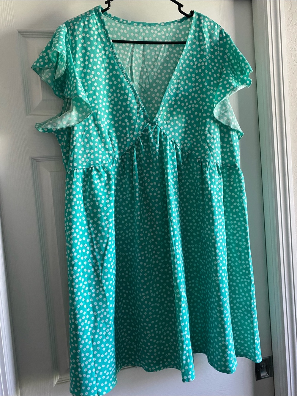 SHEIN Teal Floral Polka Dot V-Neck Flutter Sleeve Dress